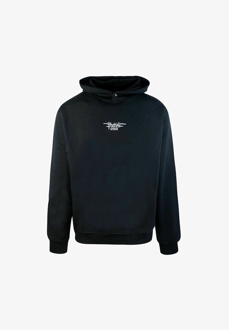 Felpa nera con cappuccio, dotata di tasca frontale, polsini a costine e un piccolo logo bianco sul petto. Tessuto morbido e testurizzato.