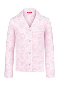 Rosa Schlafanzugjacke mit floralem Muster, Knopfverschluss, einer Brusttasche und Spitzeneinsatz entlang des Kragens und der Taschenränder.