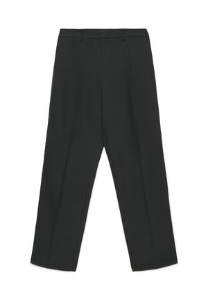 Pantaloni neri sartoriali a gamba dritta con passanti per cintura e zip frontale, mostrati su sfondo bianco.