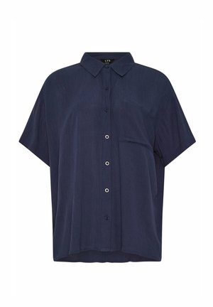 Marineblaues, kurzärmeliges Hemd mit Knöpfen, spitzem Kragen und einer Brusttasche auf der linken Seite.