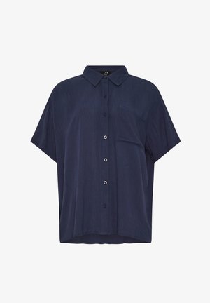 Marineblå kortærmet skjorte med knapper, spids krave og en brystlomme på venstre side.