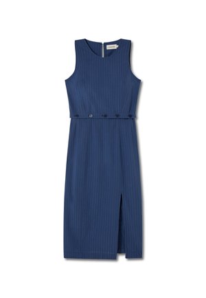 Navyblauwe mouwloze jurk met verticale strepen, een aansluitende taille en een zijsplit. Met knoopaccenten en een ritssluiting aan de achterkant.