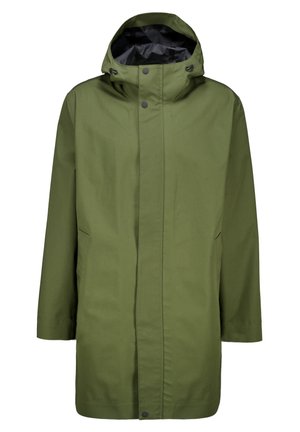 Olive green waterproof jacket with a hood, snap buttons, and side pockets. Features a smooth texture and a slightly oversized, straight-cut design.