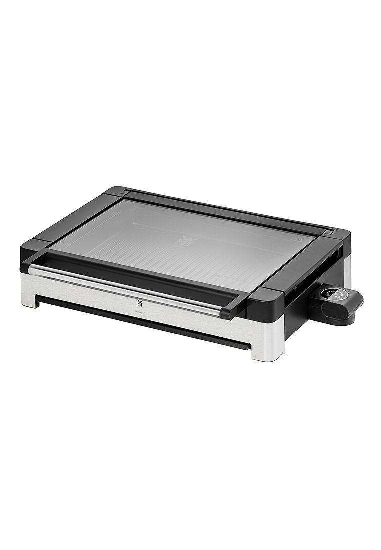 Elektrischer Grill mit schwarzem und Edelstahl-Gehäuse, einem Glasdeckel, geriffelter Kochfläche und einem Temperaturregelknopf an der Seite.