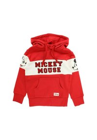Sweat à capuche rouge avec une poche avant, un cordon de serrage pour la capuche, une bande blanche avec le texte "MICKEY MOUSE", et des graphismes de Mickey Mouse sur les manches.