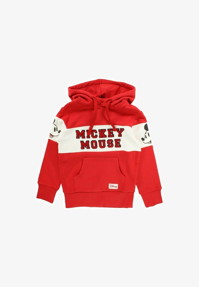 Sweat à capuche rouge avec une poche avant, un cordon de serrage pour la capuche, une bande blanche avec le texte "MICKEY MOUSE", et des graphismes de Mickey Mouse sur les manches.
