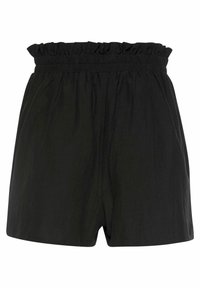 Schwarze Shorts mit einem rüschierten, elastischen Bund, aus leichtem Material, mit lockerer Passform und schlichter Gestaltung.