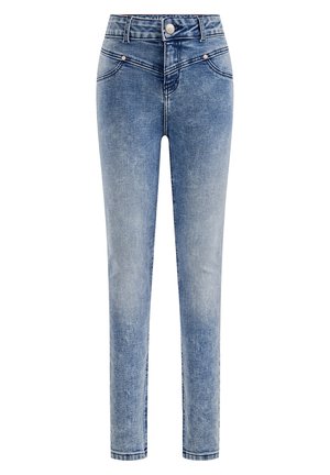 Jasnoniebieskie dżinsy slim-fit z denimu z wysokim stanem, zapięciem na guziki, przednimi kieszeniami i wyblakłą, zużytą fakturą.