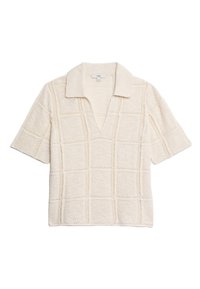 Polo à manches courtes couleur crème avec un motif en grille texturé, dotée d'un col en V et d'un col doux.