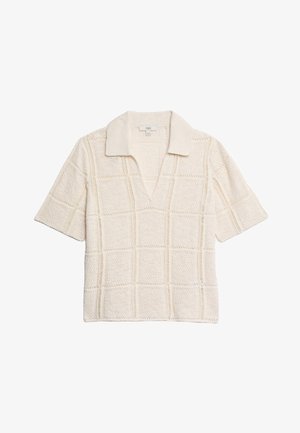 Crème-kleurige polo met korte mouwen, voorzien van een textuurpatroon in een rastervorm, met een V-hals en een zachte kraag.