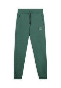 Pantaloni joggers in pile verde con cintura elastica, cordino, tasche laterali con zip e logo stampato sulla coscia sinistra.