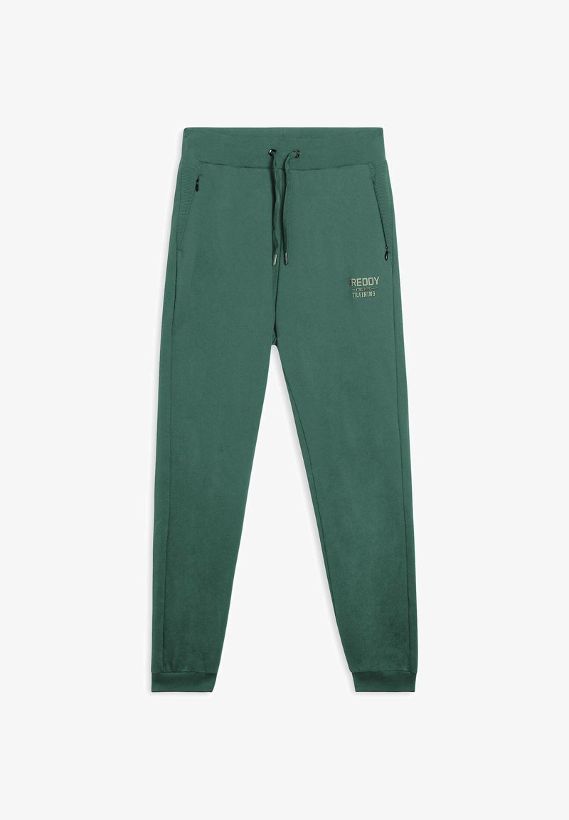 Pantaloni joggers in pile verde con cintura elastica, cordino, tasche laterali con zip e logo stampato sulla coscia sinistra.