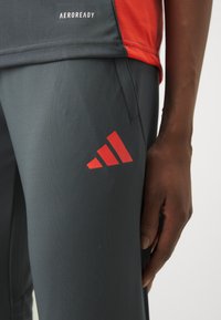 Pantalons de sport gris avec le logo rouge d'Adidas, fabriqués à partir d'un matériau respirant. Présentent une texture lisse et un design ajusté pour une utilisation active.