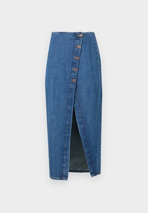 Denim blyantskørt i mellemblå med en slidse foran, der har seks brune knapdetaljer langs sidesømmen. Glat tekstur og tætsiddende design.