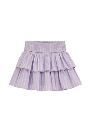 Fliederfarbiger, gestufter Minirock mit gerafftem elastischem Bund und dezenten weißen Vertikalstreifen.