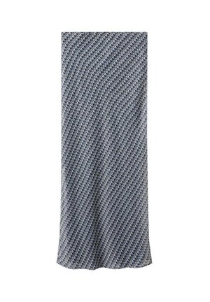 Tkaná sukňa s vzorom houndstooth v odtieňoch modrej a šedej, s rovnými rezom a hladkou textúrou.