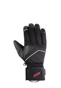 Guante de invierno negro hecho de material sintético con acentos de cuero texturizado, ribete blanco, puño elástico y un detalle de rayas rojas en la muñeca.