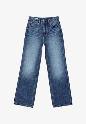 Blå vidtsiddende jeans i denim med forlommer og møntlomme foran, knaplukning og falmet vask på lår og knæ.