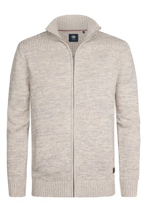 Lichtgrijze ritscardigan van textuur gebreide stof. Voorzien van een hoge geribde kraag en een subtiel patroon over het geheel. Geribde manchetten en zoom.