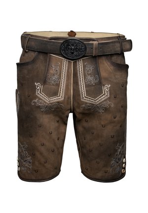 Brown leather lederhosen with intricate white embroidery, side pockets, and a decorative black buckle. Features embossed patterns and buttons.