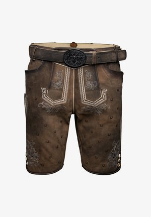 Ruskeat nahkashortsit, joissa on kirjailtu kukkakuvioita, koristeompeleita, vyö koristeellisella soljella ja napit helman kohdalla.