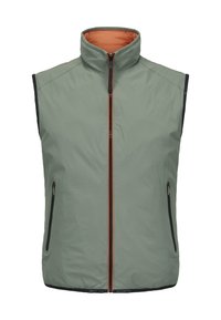 Herrenweste ohne Ärmel aus hellgrünem Nylon mit hohem Kragen, Frontreißverschluss und kontrastierendem orangefarbenem Innenfutter. Verfügt über seitliche Taschen mit Reißverschlüssen.
