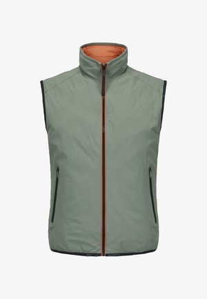 Men's sleeveless vest in light green nylon with a high collar, front zipper, and contrasting orange interior. Features side pockets with zippers.