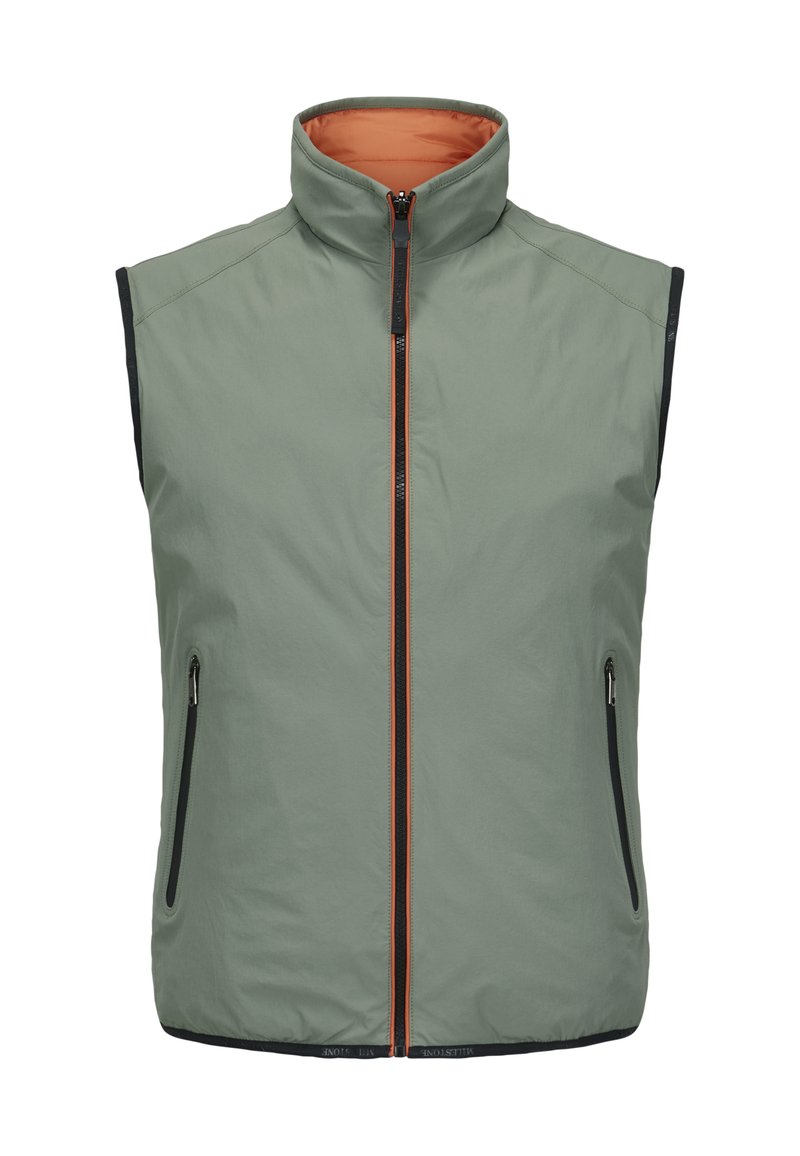Herrenweste ohne Ärmel aus hellgrünem Nylon mit hohem Kragen, Frontreißverschluss und kontrastierendem orangefarbenem Innenfutter. Verfügt über seitliche Taschen mit Reißverschlüssen.