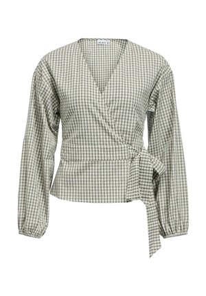 Blouse portefeuille à manches longues avec motif vichy vert et blanc, col en V, poignets élastiques et lien sur le côté à la taille.