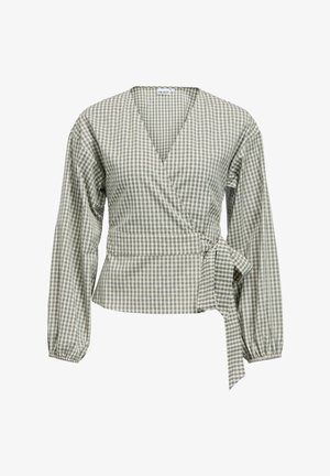Blouse portefeuille à manches longues avec motif vichy vert et blanc, col en V, poignets élastiques et lien sur le côté à la taille.