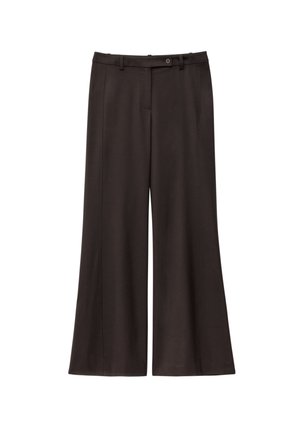 Schwarze weit geschnittene Hosen aus glattem Stoff, mit hoher Taille, Gürtelschlaufen, einer Vordertasche und einem einzelnen Knopfverschluss.