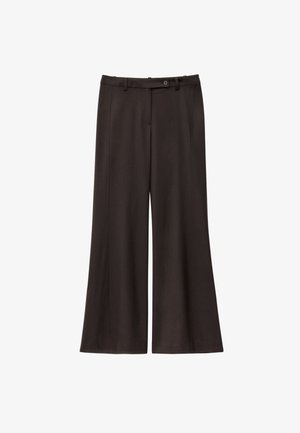 Schwarze weit geschnittene Hosen aus glattem Stoff, mit hoher Taille, Gürtelschlaufen, einer Vordertasche und einem einzelnen Knopfverschluss.