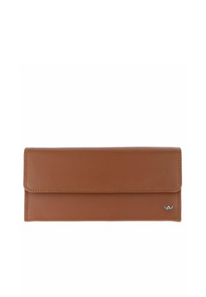 Brown leather wallet with flap closure and small silver logo on bottom right corner, rectangular and slim design.