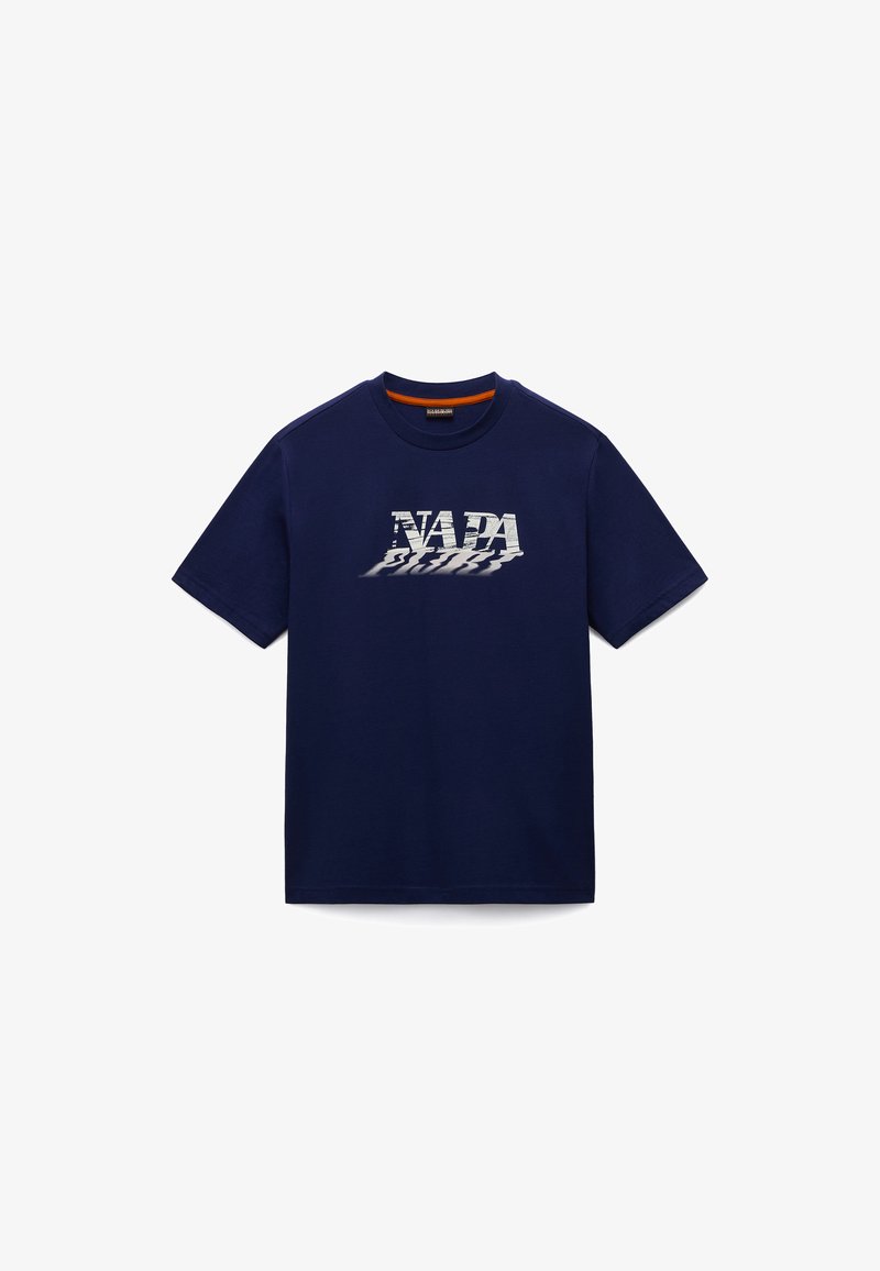 Granatowy bawełniany t-shirt z krótkimi rękawami, okrągłym dekoltem i nadrukiem z przodu z napisem "NAPA" w zniekształconej białej czcionce.