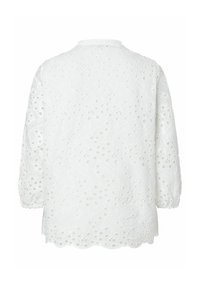 Weiße Bluse mit langen Ärmeln, die ein strukturiertes florales Spitzenmuster und einen gewellten Saum aufweist. Hergestellt aus leichtem Stoff mit Cut-out-Details.