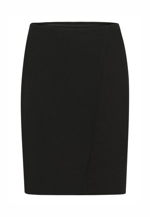 Black knee-length skirt made from soft, stretchy fabric. Features a fitted design with a slight wrap detail on one side. Smooth texture.