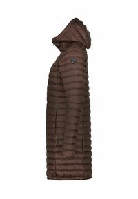 Braune gepolsterte Parkajacke mit Kapuze, ausgestattet mit einem gesteppten Design. Enthält ein rundes Logo am Oberarm und einen Reißverschlussöffnung vorne.