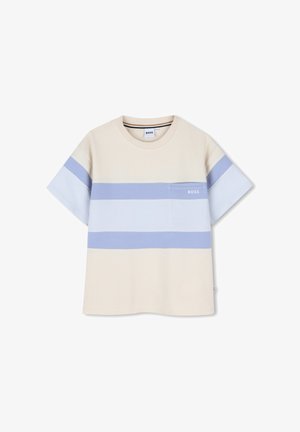 T-shirt in cotone beige e azzurro pastello a maniche corte con righe orizzontali e una piccola tasca sul petto con il logo "BOSS".