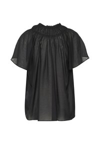 Top nero a maniche corte con scollo arricciato e vestibilità morbida. Realizzato in tessuto leggero e semitrasparente con una texture liscia.