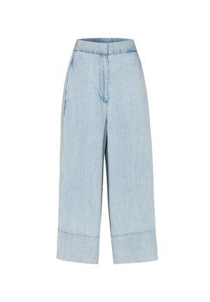 Pantalon en denim bleu clair à jambes larges, taille haute, couture avant et larges revers cousus à l'ourlet.