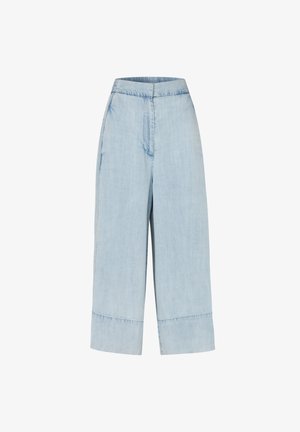 Pantaloni in denim azzurro chiaro a gamba larga, vita alta, cucitura frontale e ampi risvolti cuciti al fondo.