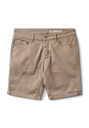 Khaki-farvede shorts med knaplukning, bæltestropper, forlommer og møntlomme samt detalje med opsmøgede ben