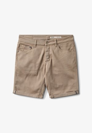 Shorts de couleur kaki avec fermeture à boutons, passants pour ceinture, poches avant et poche monnaie, avec ourlet plissé.