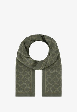 Sciarpa verde oliva con un motivo a diamante, con il nome del marchio "BOSS" in una tonalità più chiara. Realizzata in un tessuto morbido e lavorato.