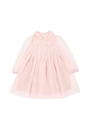 Vestito rosa chiaro a maniche lunghe per bambino piccolo con sovrapposizione di tessuto trasparente, vita arricciata e colletto arrotondato.