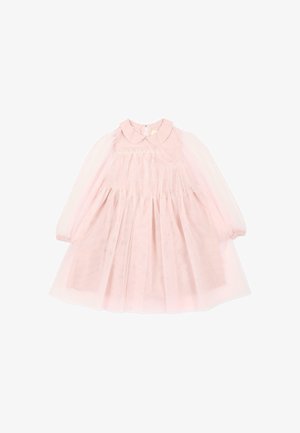 Vestito rosa chiaro a maniche lunghe per bambino piccolo con sovrapposizione di tessuto trasparente, vita arricciata e colletto arrotondato.