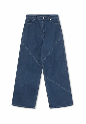 Blaue Jeans im weiten Bein mit kontrastierenden diagonalen Nähten sowie strapazierfähigem Knopf- und Reißverschluss. Der Stoff hat eine glatte, langlebige Textur.
