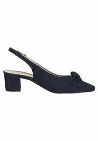 Chaussure slingback en daim bleu marine avec talon bloc bas et nœud décoratif sur le bout pointu.