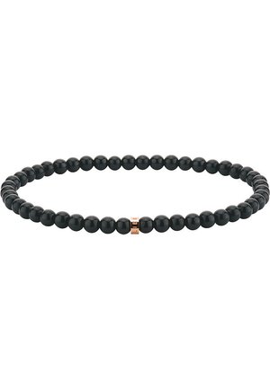 Schwarze Perlenarmband mit glänzenden runden Perlen und einem einzelnen metallischen Akzent in Roségold, der einen markanten Kontrast schafft. Einheitliches Design und Textur.