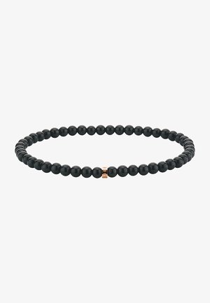 Schwarze Perlenarmband mit glänzenden runden Perlen und einem einzelnen metallischen Akzent in Roségold, der einen markanten Kontrast schafft. Einheitliches Design und Textur.